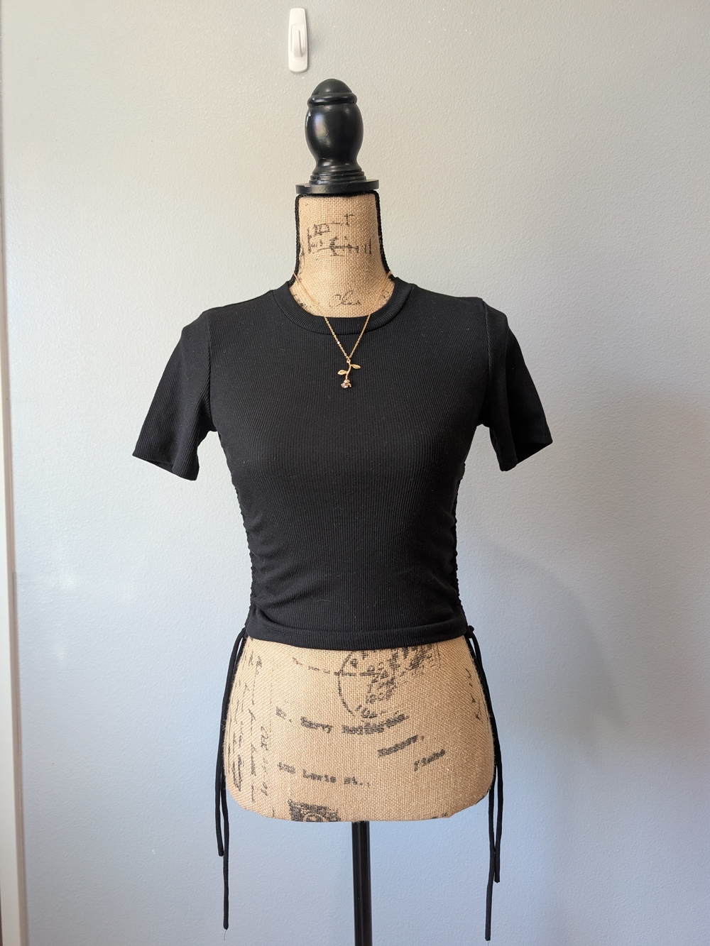 Zara Black Ribbed Short-Sleeve Drawstring Top